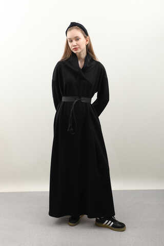 V Şal Yaka Modal Elbise Siyah - 4