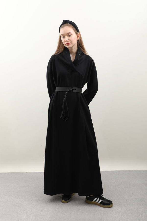 V Şal Yaka Modal Elbise Siyah - 4