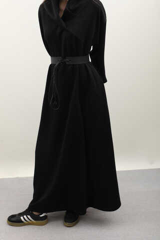 V Şal Yaka Modal Elbise Siyah - 5