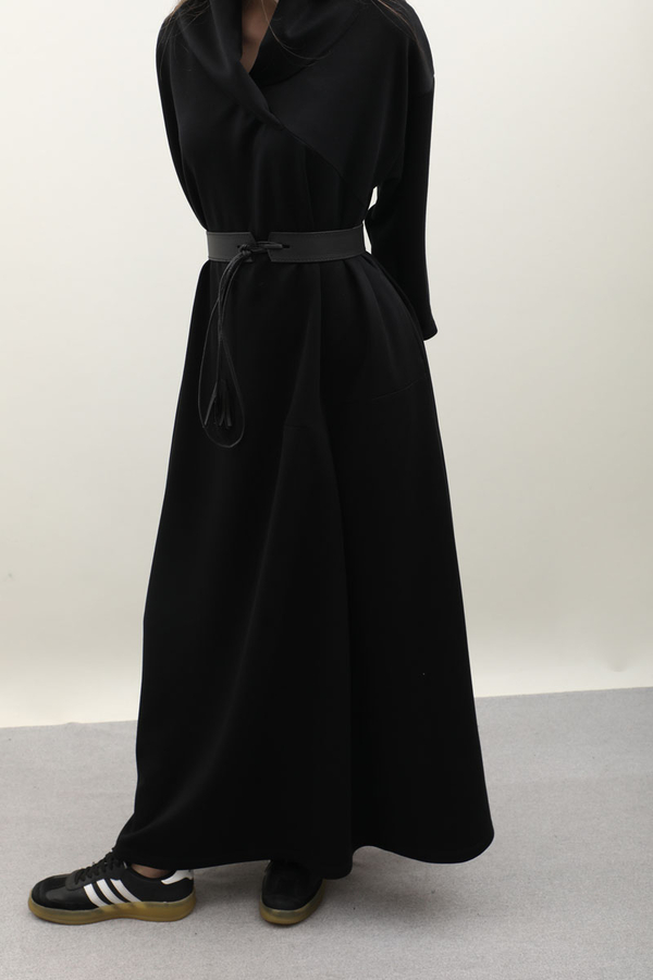 V Şal Yaka Modal Elbise Siyah - 5