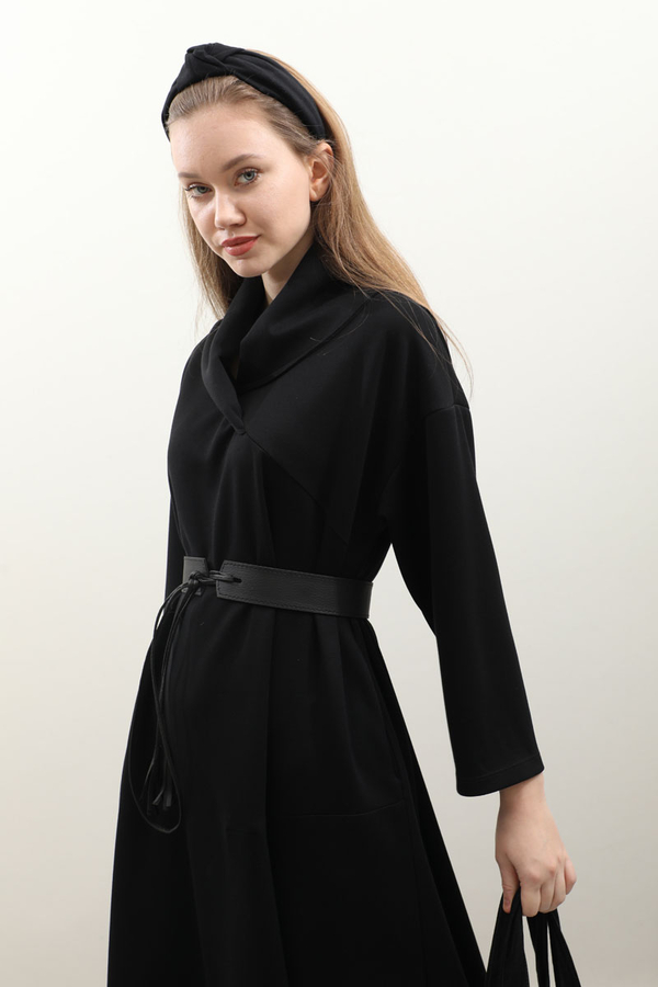 V Şal Yaka Modal Elbise Siyah - 6