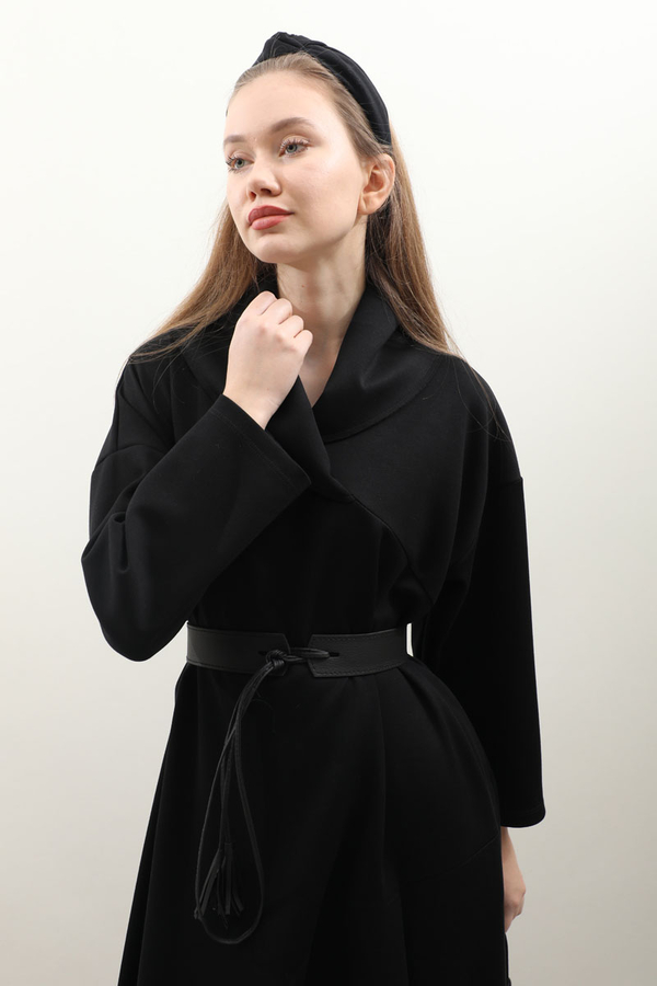 V Şal Yaka Modal Elbise Siyah - 7