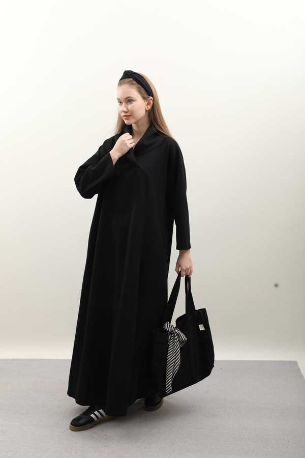 V Şal Yaka Modal Elbise Siyah - 10