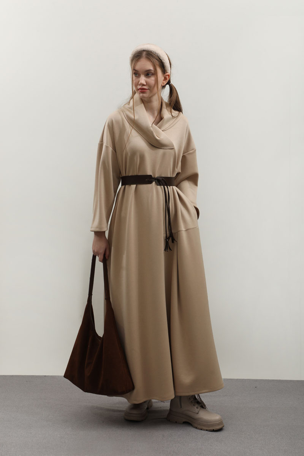 V Şal Yaka Modal Elbise Taş - 12