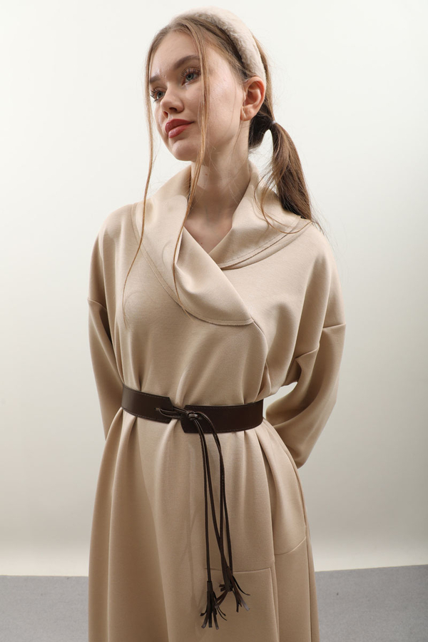 V Şal Yaka Modal Elbise Taş - 15