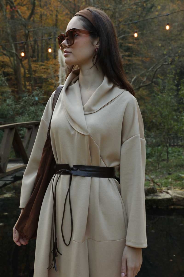 V Şal Yaka Modal Elbise Taş - 2