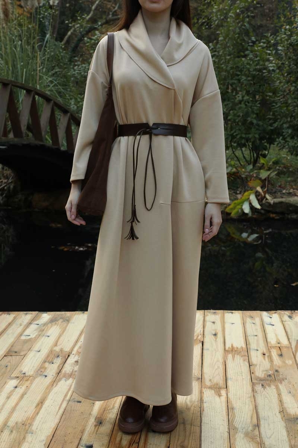 V Şal Yaka Modal Elbise Taş - 4