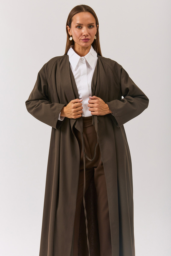 V Yaka Bağlamalı Abaya Kahverengi - 9