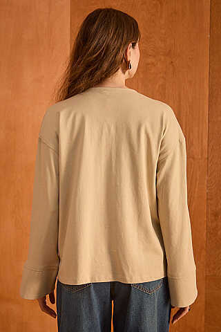 V Yaka Basic Tişört Bej - 6