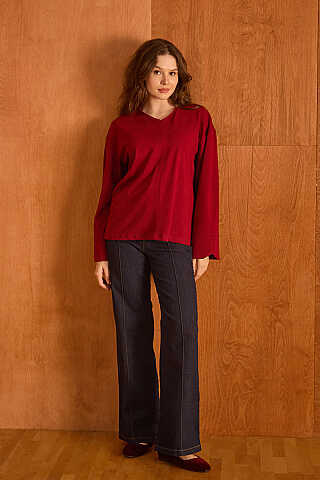 V Yaka Basic Tişört Bordo - 2