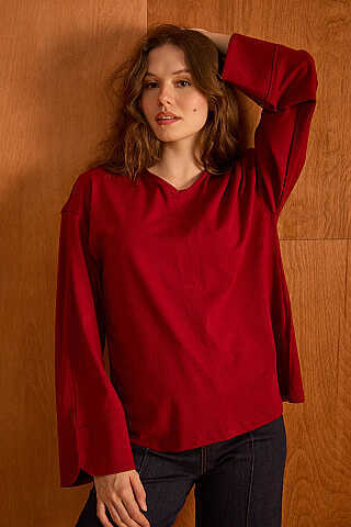 V Yaka Basic Tişört Bordo - 1