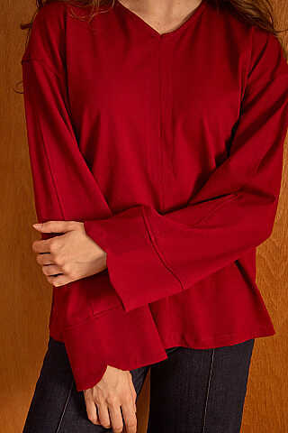 V Yaka Basic Tişört Bordo - 4