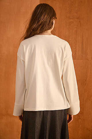 V Yaka Basic Tişört Ekru - 6