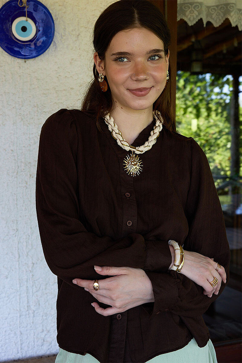 V Yaka Büzgülü Gömlek Kahve - 2