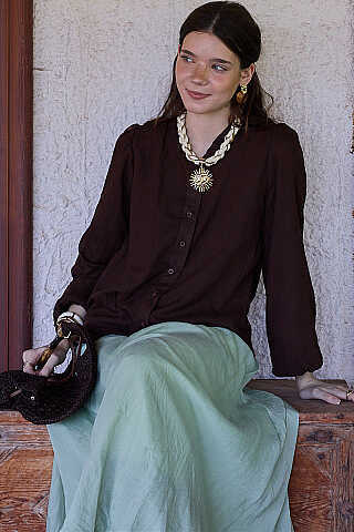 V Yaka Büzgülü Gömlek Kahve - 2