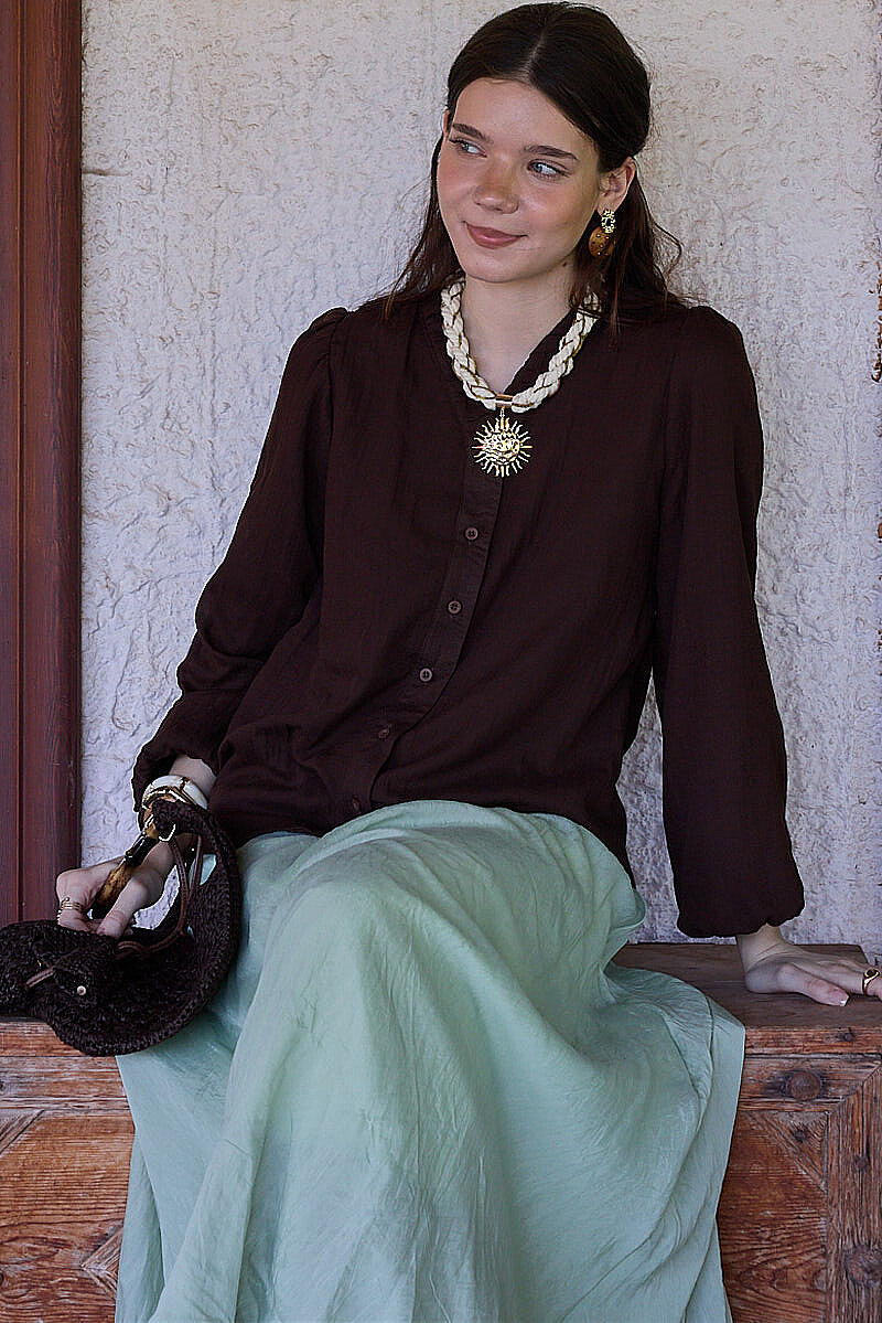 V Yaka Büzgülü Gömlek Kahve - 2