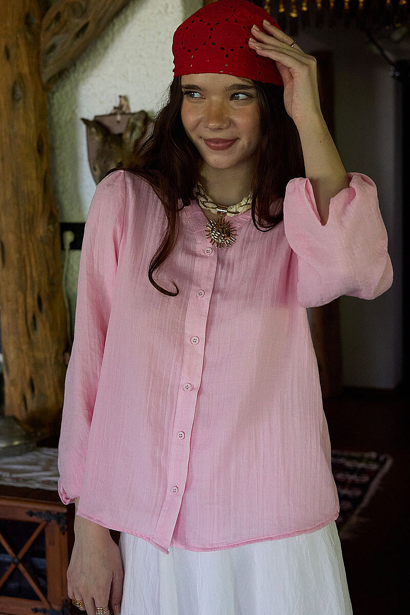 V Yaka Büzgülü Gömlek Pembe - 3