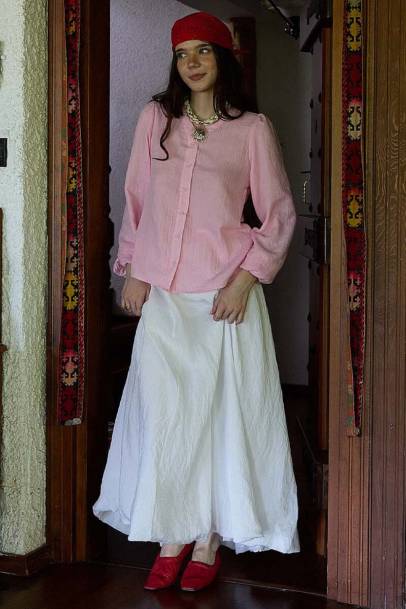 V Yaka Büzgülü Gömlek Pembe - 6