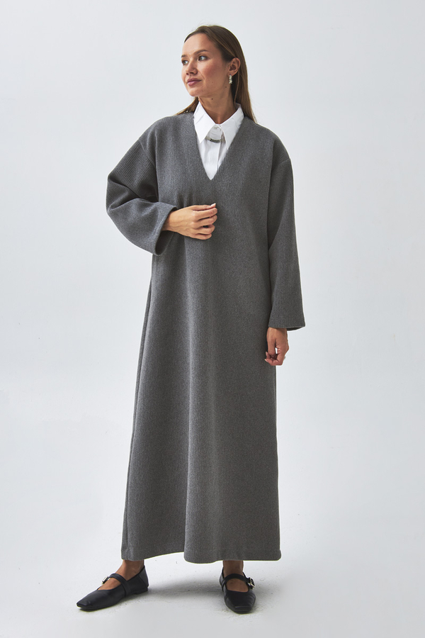 V Yaka Çizgi Dokulu Elbise Antrasit - 5