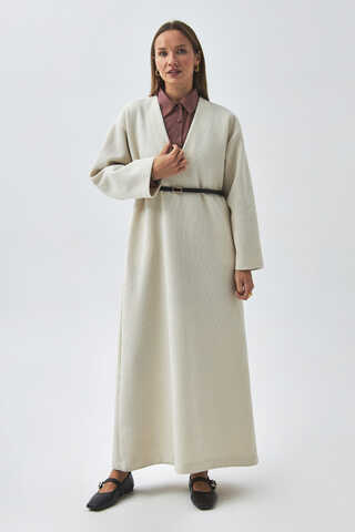 V Yaka Çizgi Dokulu Elbise Ekru - 1