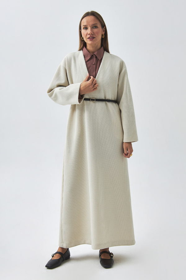 V Yaka Çizgi Dokulu Elbise Ekru - 1