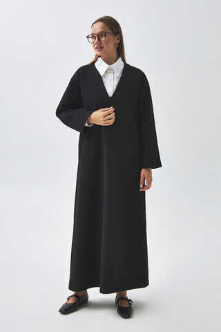 V Yaka Çizgi Dokulu Elbise Siyah (1)