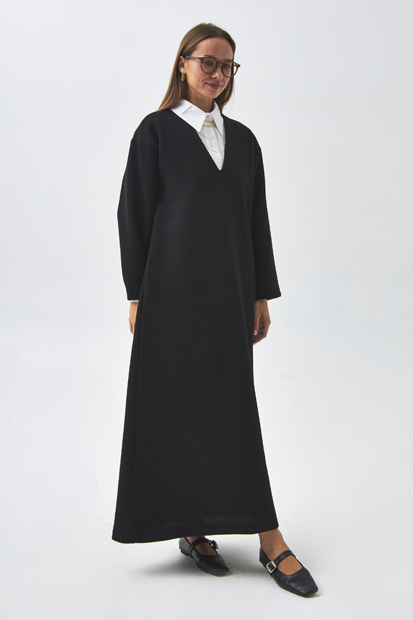 V Yaka Çizgi Dokulu Elbise Siyah - 6