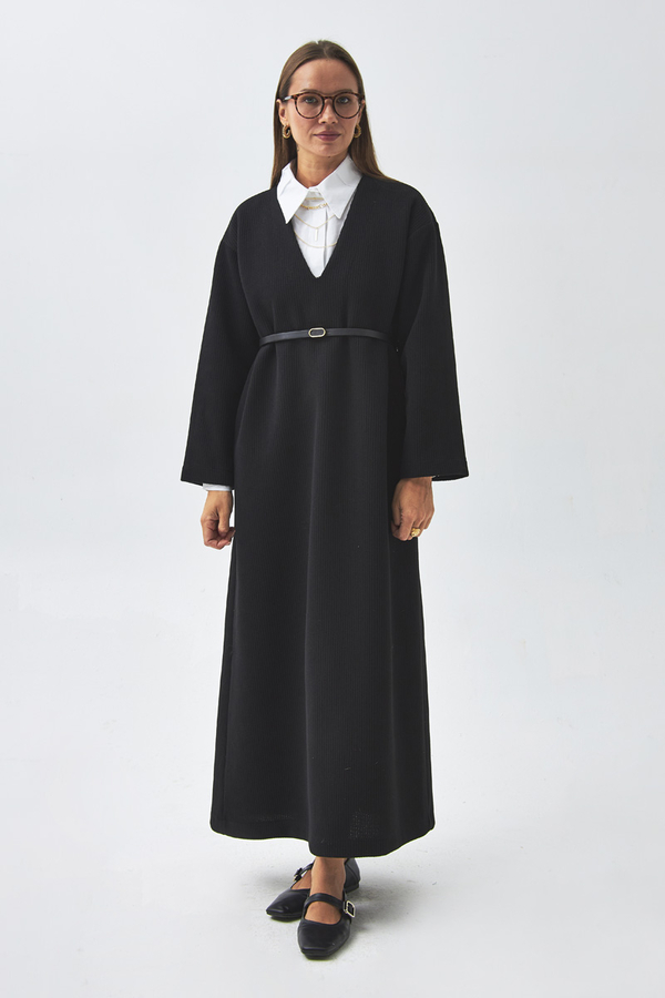 V Yaka Çizgi Dokulu Elbise Siyah - 8