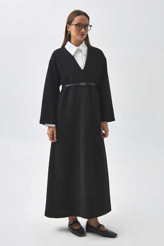 V Yaka Çizgi Dokulu Elbise Siyah - 9