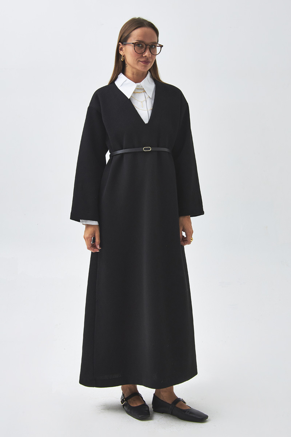 V Yaka Çizgi Dokulu Elbise Siyah - 9