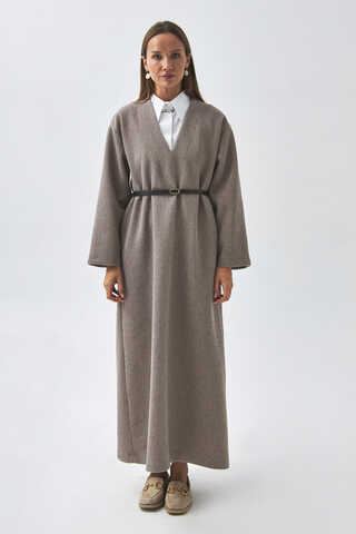 V Yaka Çizgi Dokulu Elbise Vizon - 6