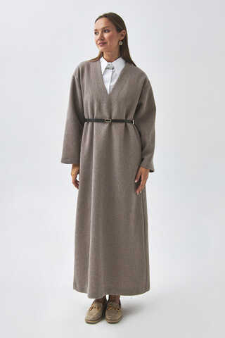 V Yaka Çizgi Dokulu Elbise Vizon - 8