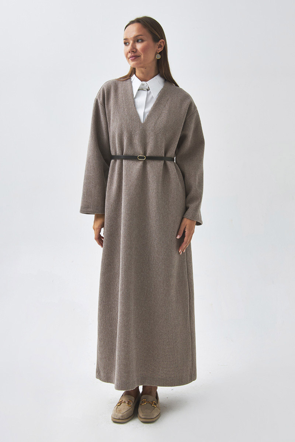 V Yaka Çizgi Dokulu Elbise Vizon - 8