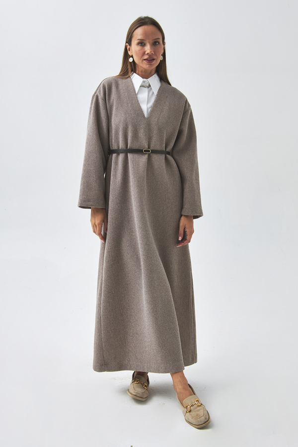 V Yaka Çizgi Dokulu Elbise Vizon - 1