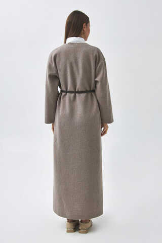 V Yaka Çizgi Dokulu Elbise Vizon - 9