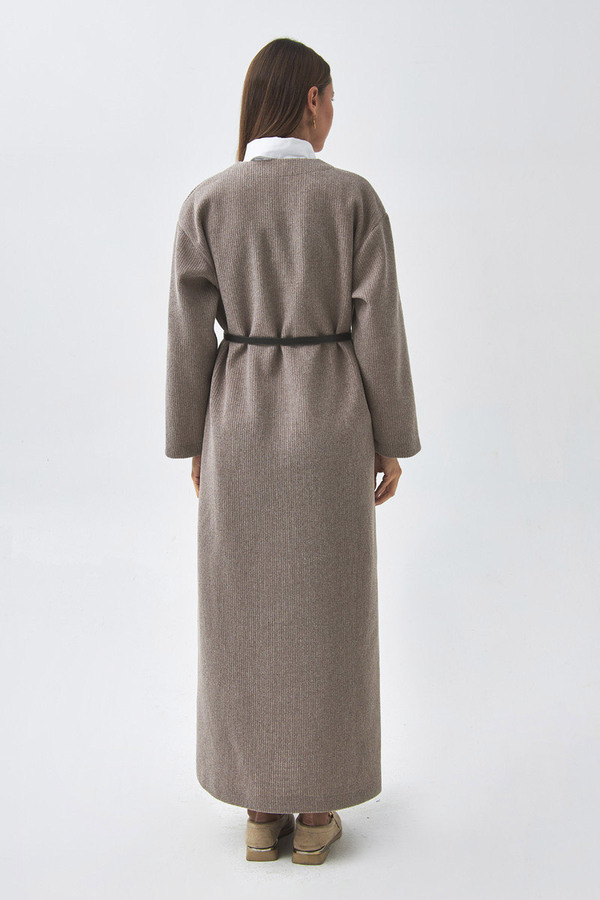 V Yaka Çizgi Dokulu Elbise Vizon - 9