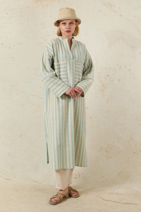 V Yaka Keten Tunik Bebe Mavisi - 1