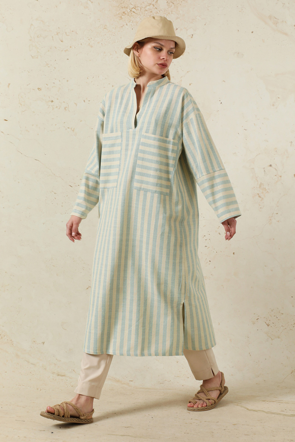 V Yaka Keten Tunik Bebe Mavisi - 3