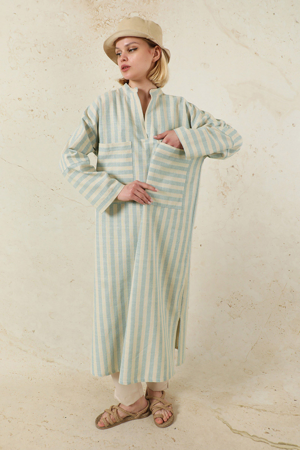 V Yaka Keten Tunik Bebe Mavisi - 5