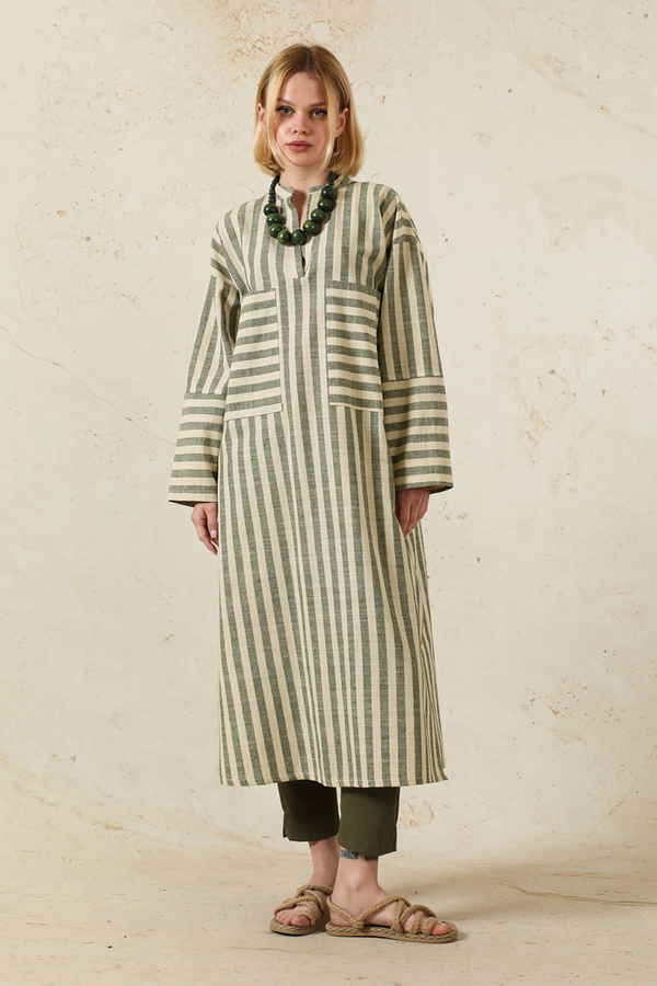 V Yaka Keten Tunik Haki - 1