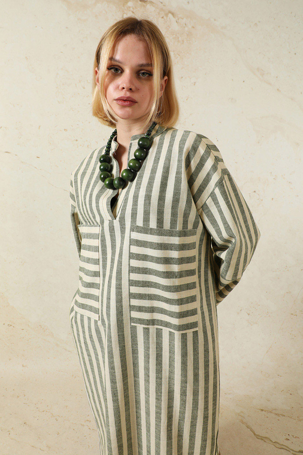 V Yaka Keten Tunik Haki - 2