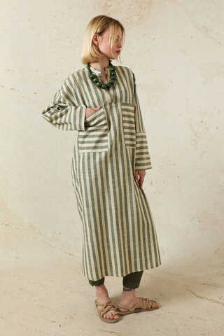 V Yaka Keten Tunik Haki - 3