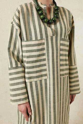 V Yaka Keten Tunik Haki - 4