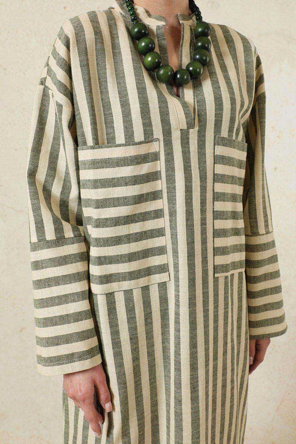 V Yaka Keten Tunik Haki - 4