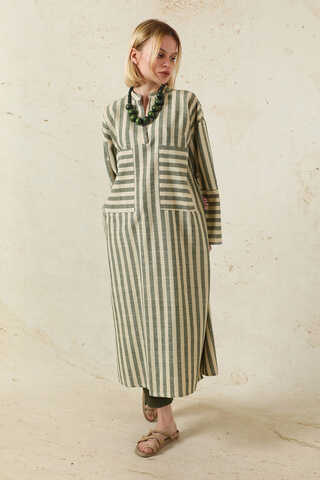 V Yaka Keten Tunik Haki - 5