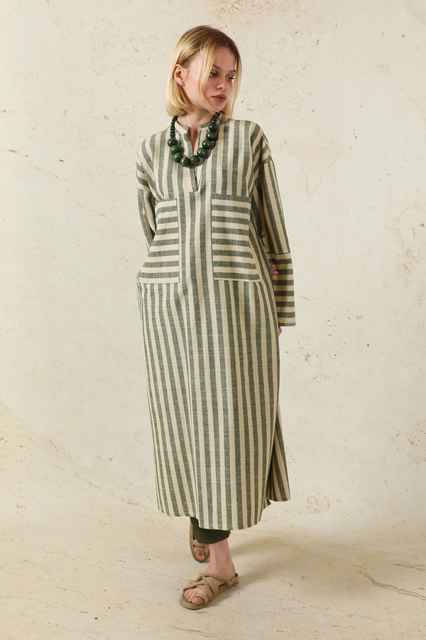 V Yaka Keten Tunik Haki - 5