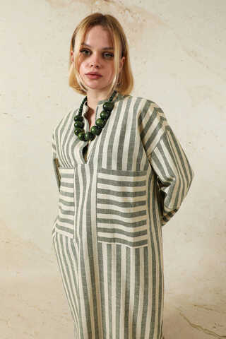 V Yaka Keten Tunik Haki - 2