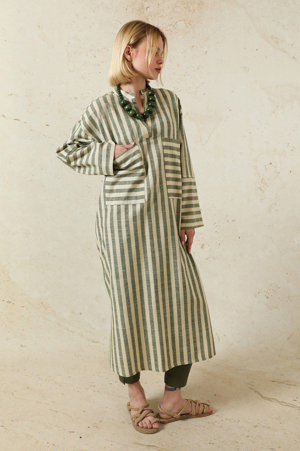 V Yaka Keten Tunik Haki - 3