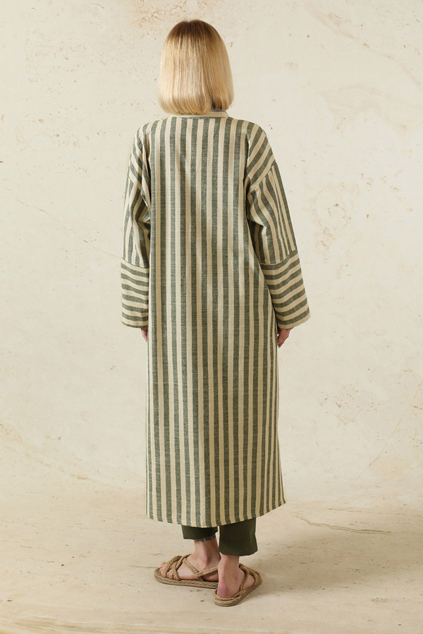 V Yaka Keten Tunik Haki - 6