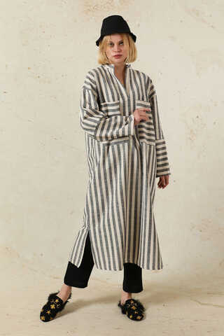 V Yaka Keten Tunik Siyah - 1